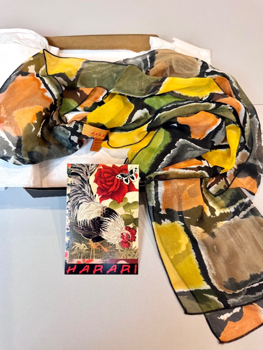 New HARARI 100% Silk Scarf Abstract Colorblock Tile Print in Original Box + Card